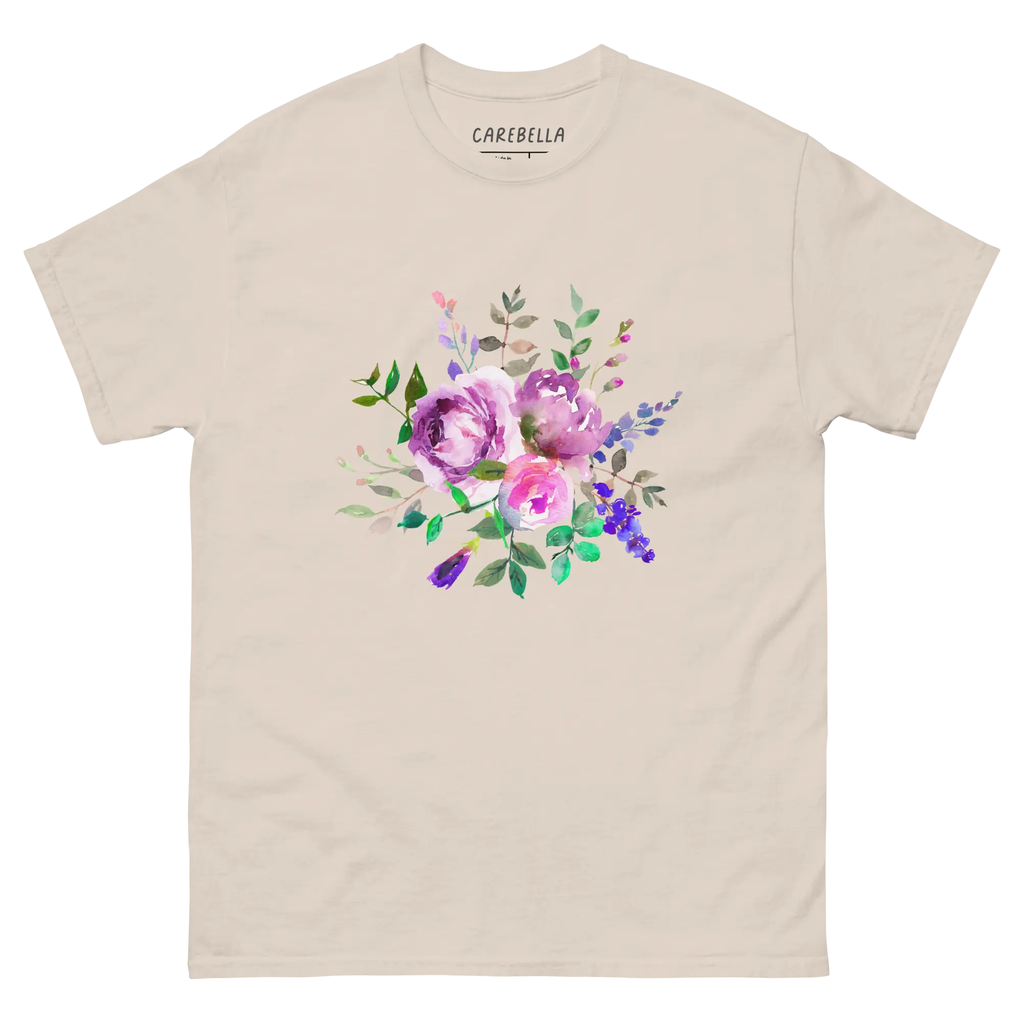 Lavender Haze | Flat lay of a floral t-shirt from our flower shirts collection | Natural shirt