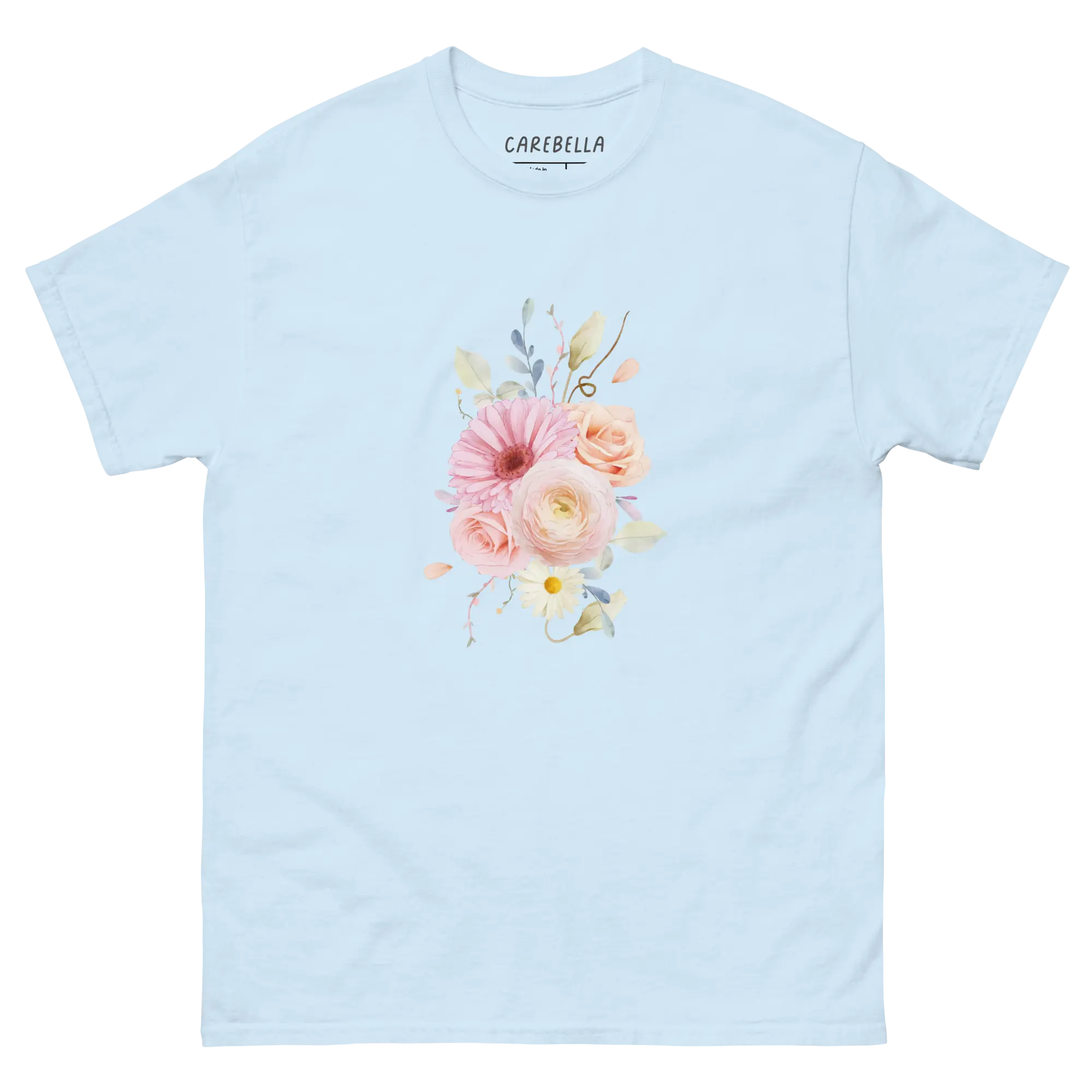 Sweet Pastel | Flat lay of a floral t-shirt from our flower shirts collection | Light blue shirt