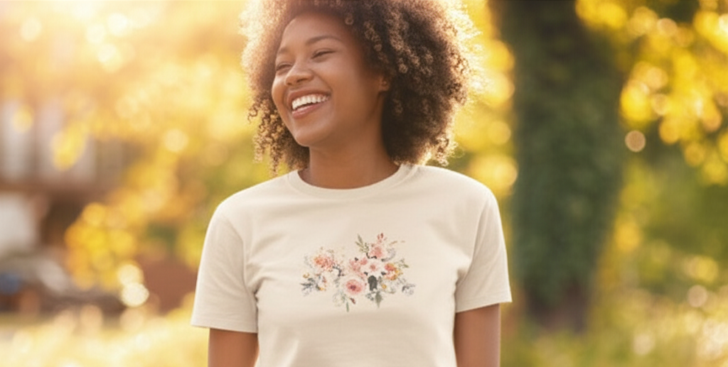 Black woman smiling wearing Autumn Breeze Floral T-shirt