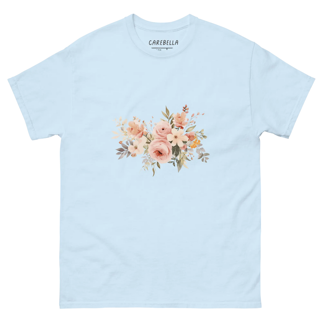 Autumn Breeze | Flat lay of a floral t-shirt from our flower shirts collection | Light blue shirt