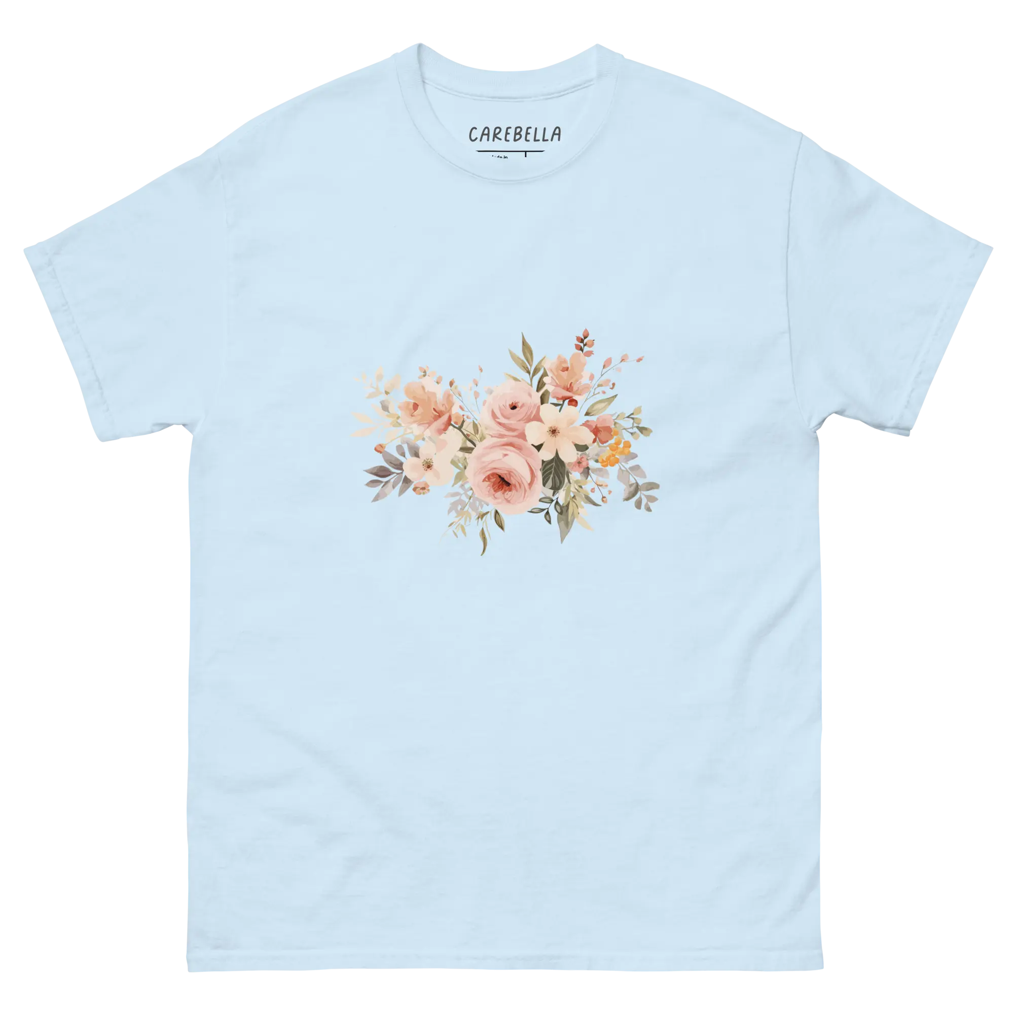 Autumn Breeze | Flat lay of a floral t-shirt from our flower shirts collection | Light blue shirt