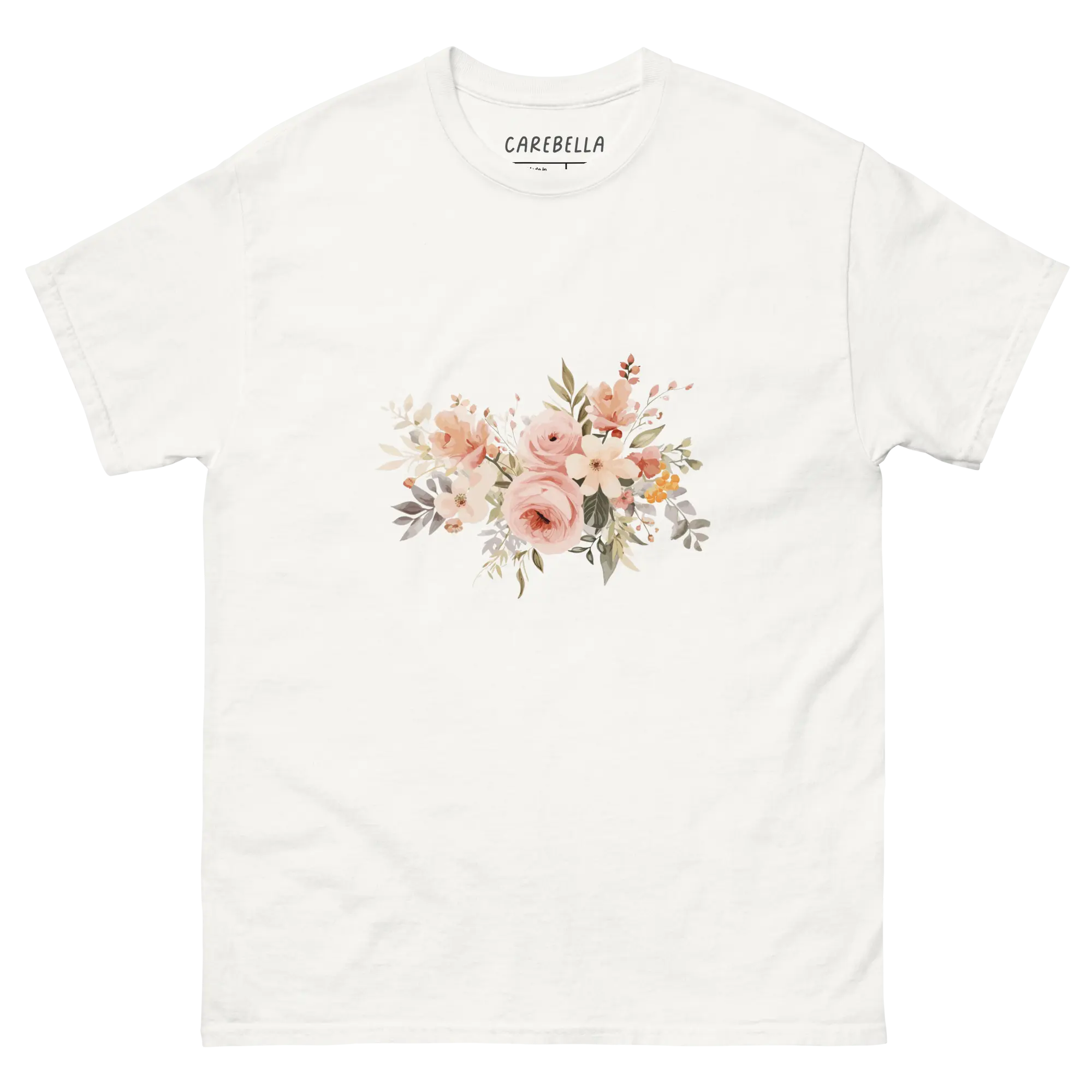 Autumn Breeze | Flat lay of a floral t-shirt from our flower shirts collection | White shirt