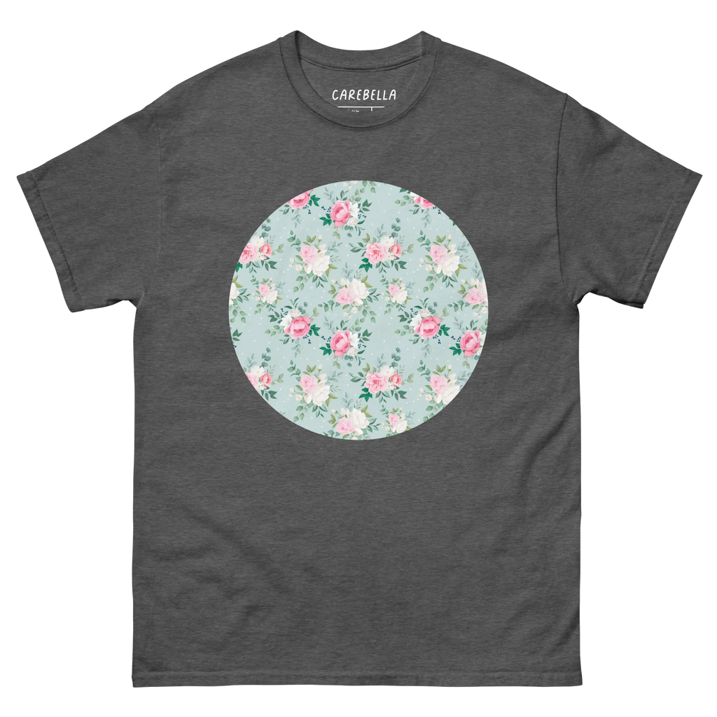 Blu de Fleur | Flat lay of a floral t-shirt from our flower shirts collection | Gray shirt