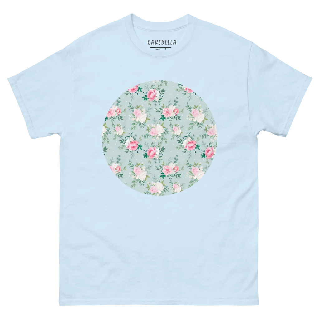 Blu de Fleur | Flat lay of a floral t-shirt from our flower shirts collection | Light blue shirt