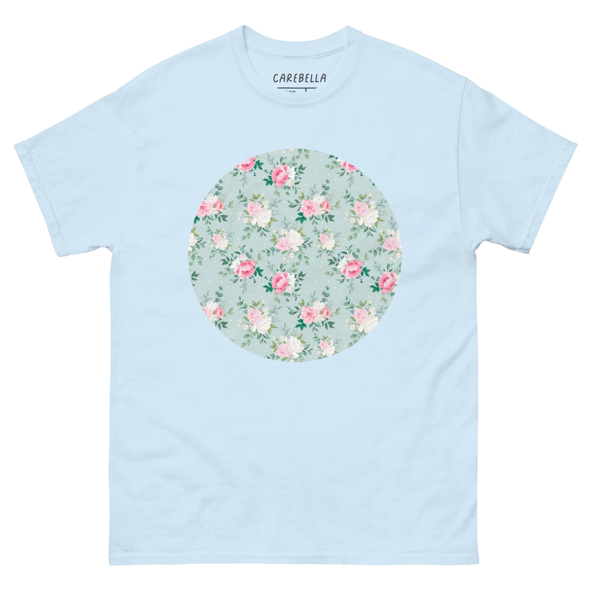 Blu de Fleur | Flat lay of a floral t-shirt from our flower shirts collection | Light blue shirt