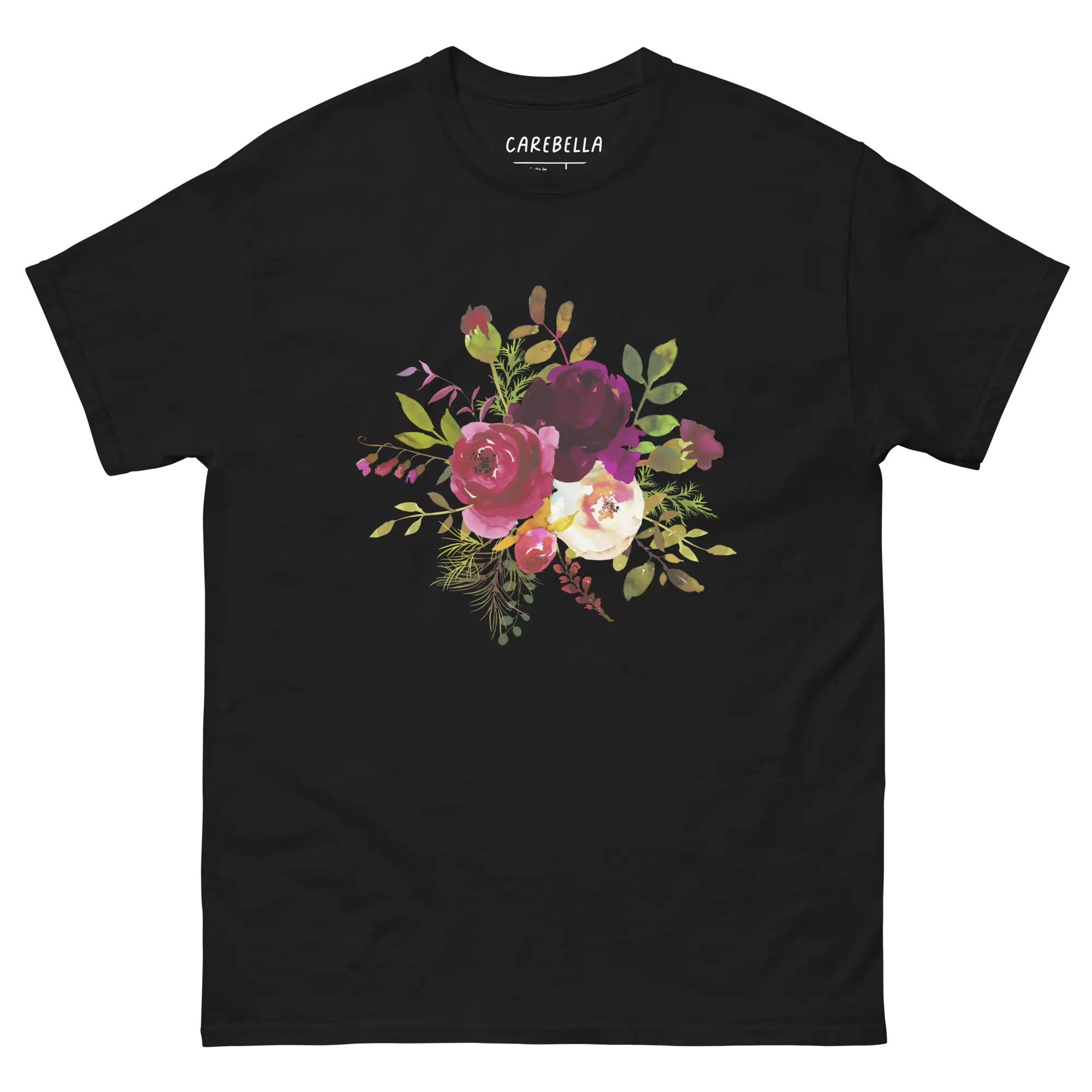 Boho Story | Flat lay of a floral t-shirt from our flower shirts collection | Black shirt