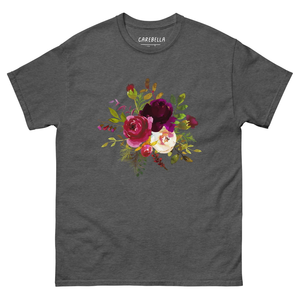 Boho Story | Flat lay of a floral t-shirt from our flower shirts collection | Gray shirt