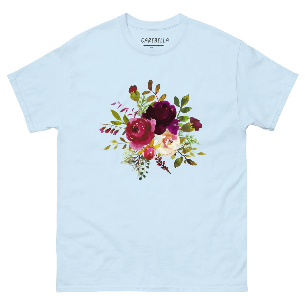 Boho Story | Flat lay of a floral t-shirt from our flower shirts collection | Light blue shirt