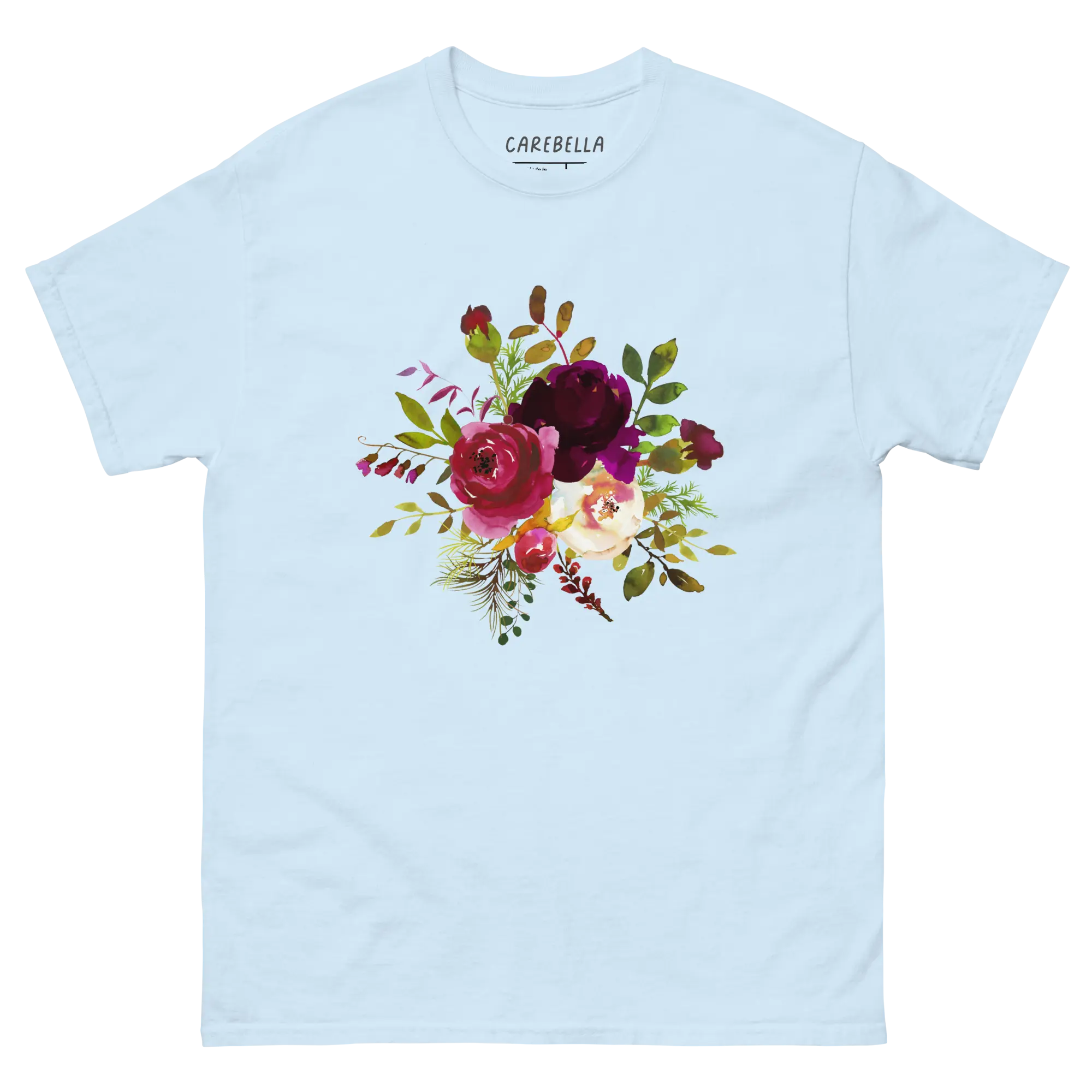 Boho Story | Flat lay of a floral t-shirt from our flower shirts collection | Light blue shirt