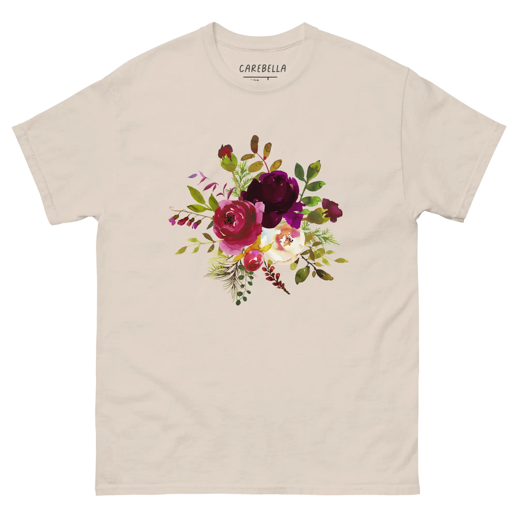 Boho Story | Flat lay of a floral t-shirt from our flower shirts collection | Natural shirt