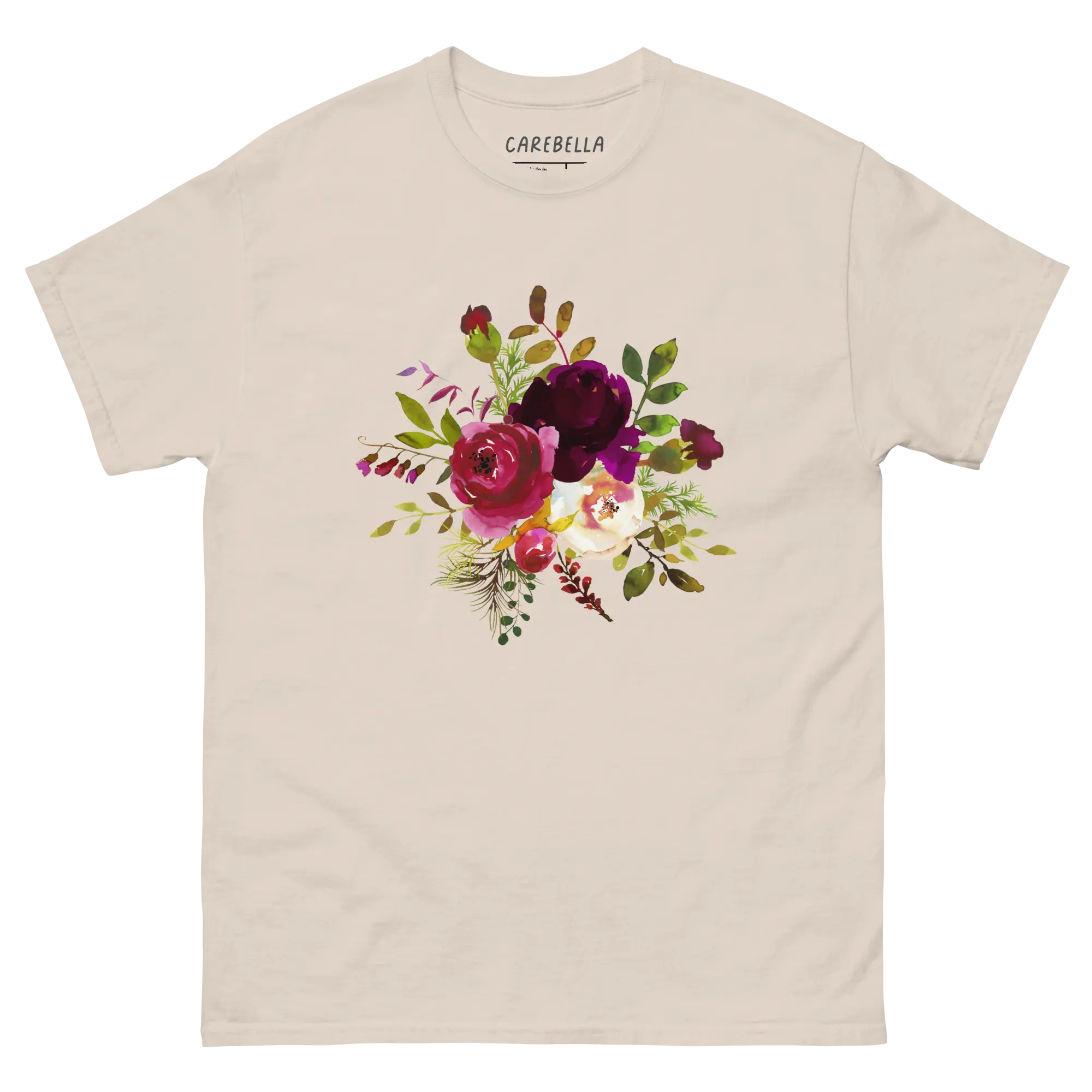 Boho Story | Flat lay of a floral t-shirt from our flower shirts collection | Natural shirt