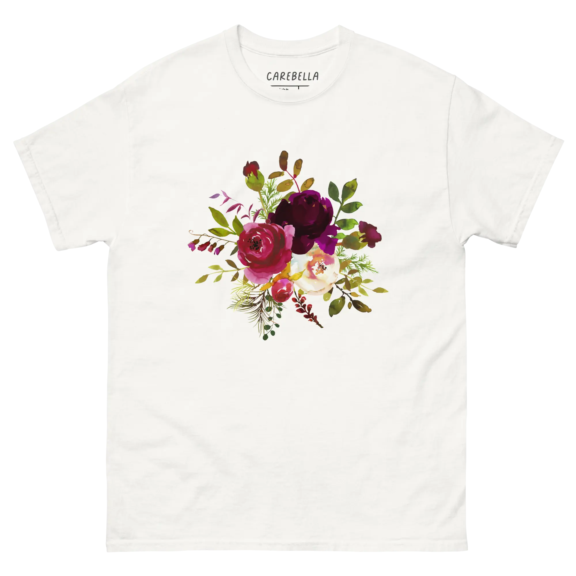 Boho Story | Flat lay of a floral t-shirt from our flower shirts collection | White shirt