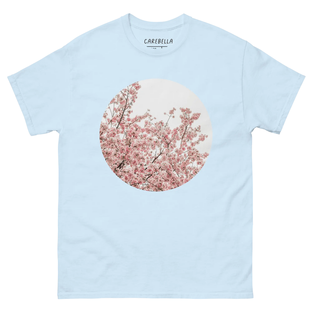 Cherry Blossom | Flat lay of a floral t-shirt from our flower shirts collection | Light blue shirt