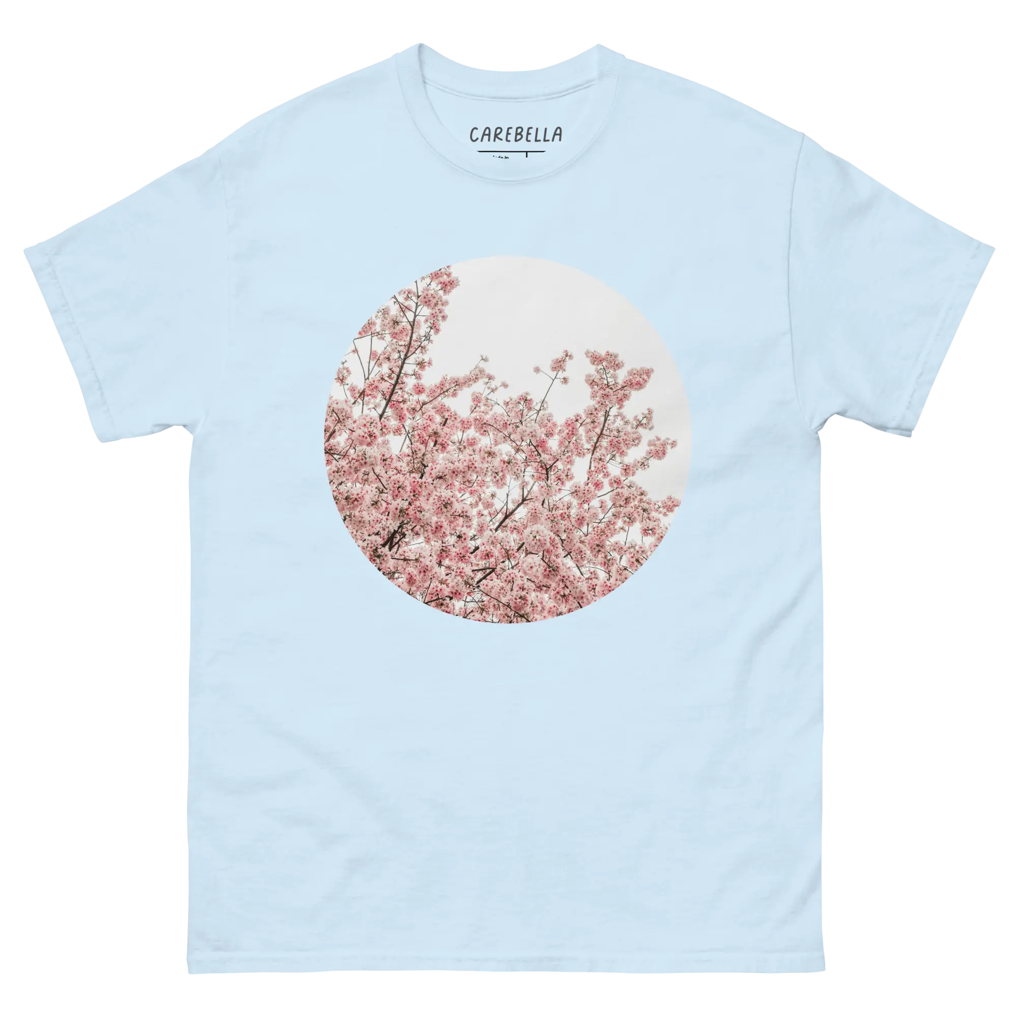 Cherry Blossom | Flat lay of a floral t-shirt from our flower shirts collection | Light blue shirt