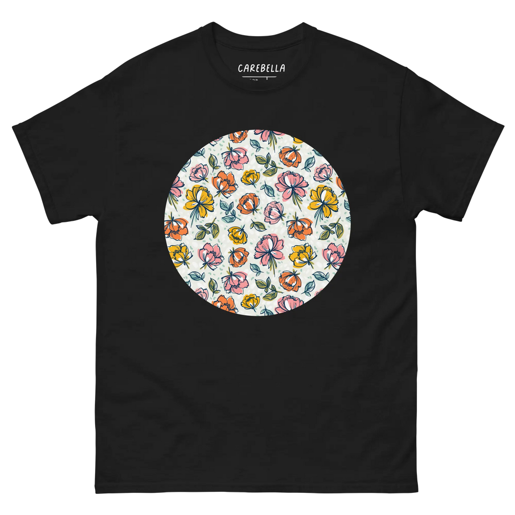 Color Party | Flat lay of a floral t-shirt from our flower shirts collection | Black shirt