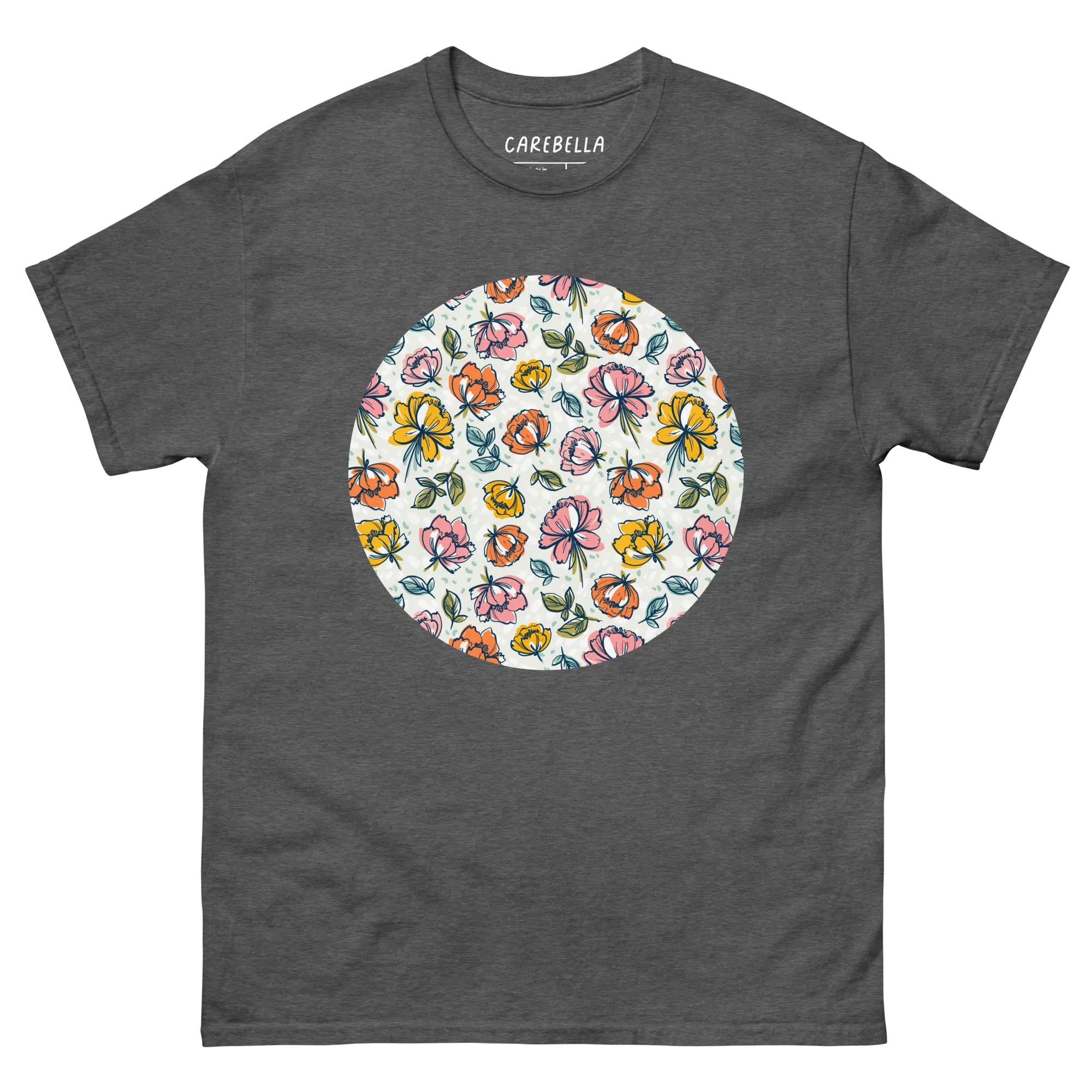 Color Party | Flat lay of a floral t-shirt from our flower shirts collection | Gray shirt