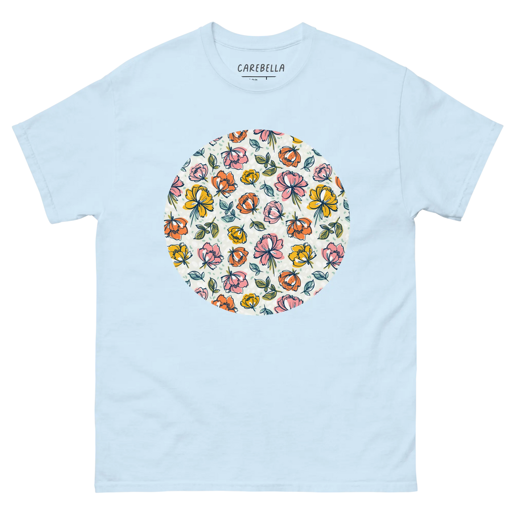 Color Party | Flat lay of a floral t-shirt from our flower shirts collection | Light blue shirt