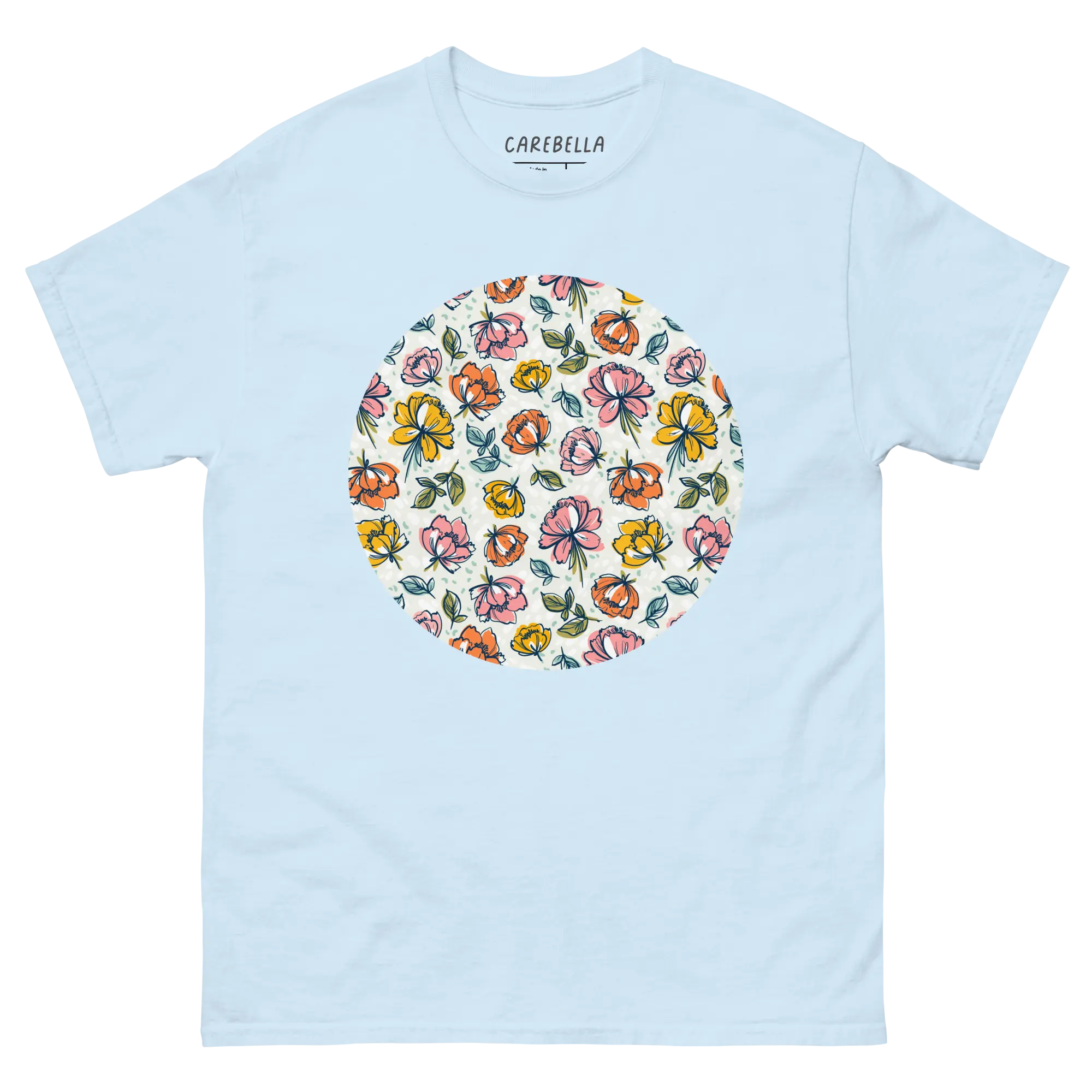 Color Party | Flat lay of a floral t-shirt from our flower shirts collection | Light blue shirt