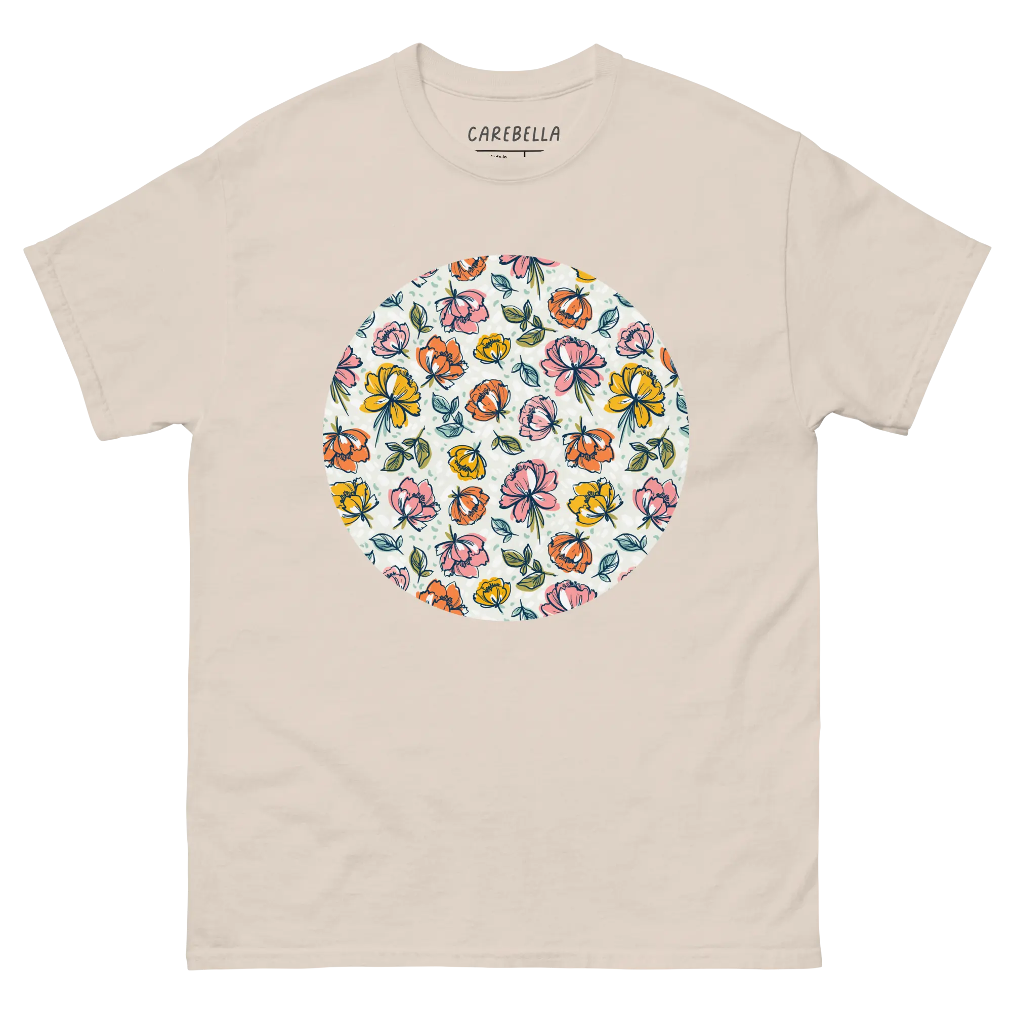 Color Party | Flat lay of a floral t-shirt from our flower shirts collection | Natural shirt