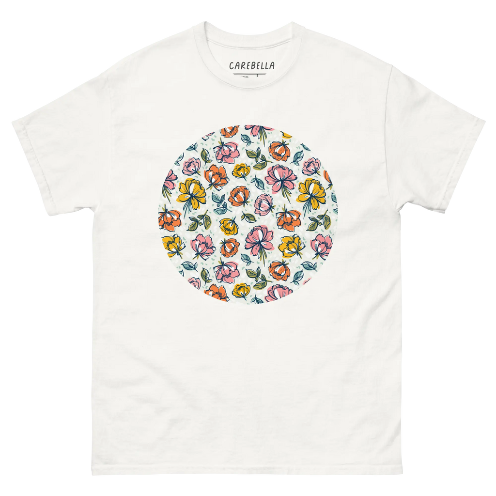 Color Party | Flat lay of a floral t-shirt from our flower shirts collection | White shirt