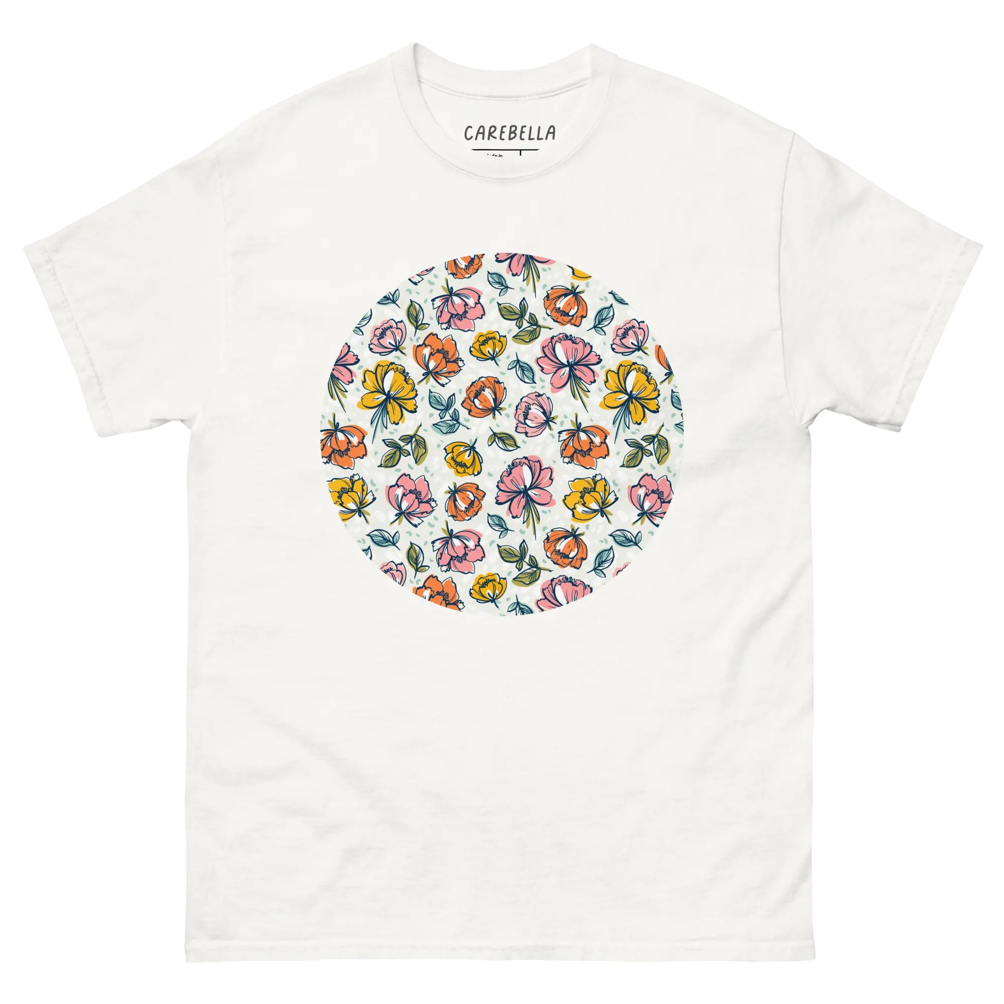 Color Party | Flat lay of a floral t-shirt from our flower shirts collection | White shirt