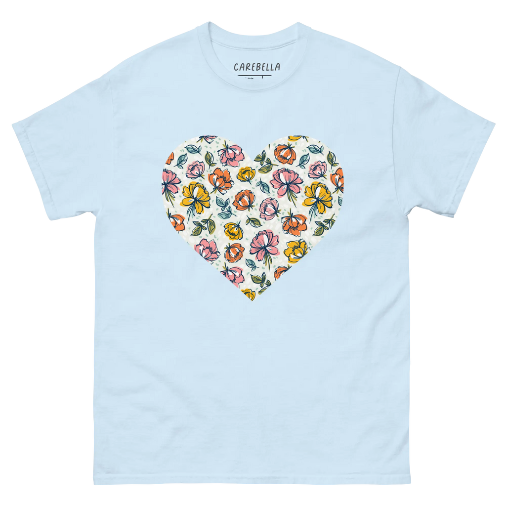 Color Party | Flat lay of a floral t-shirt from our flower shirts collection | Light blue shirt