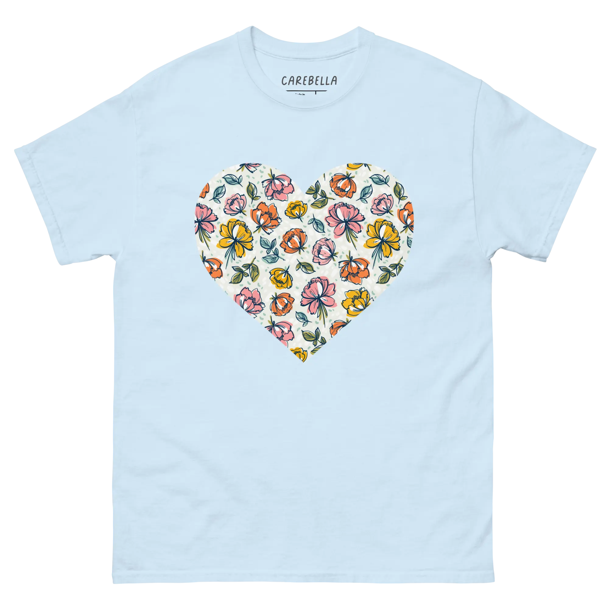 Color Party | Flat lay of a floral t-shirt from our flower shirts collection | Light blue shirt