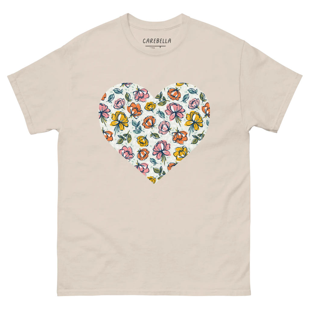 Color Party | Flat lay of a floral t-shirt from our flower shirts collection | Natural shirt