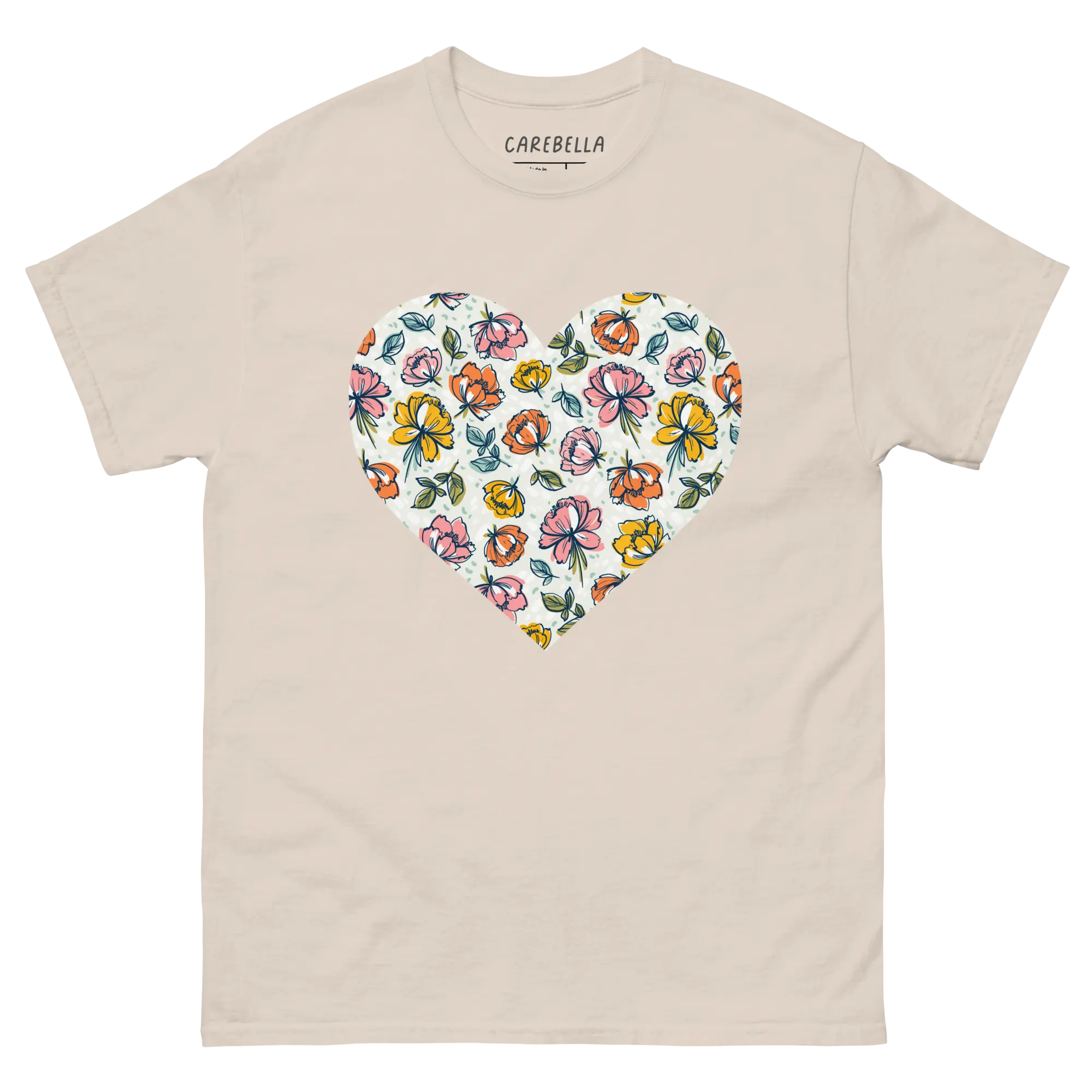 Color Party | Flat lay of a floral t-shirt from our flower shirts collection | Natural shirt