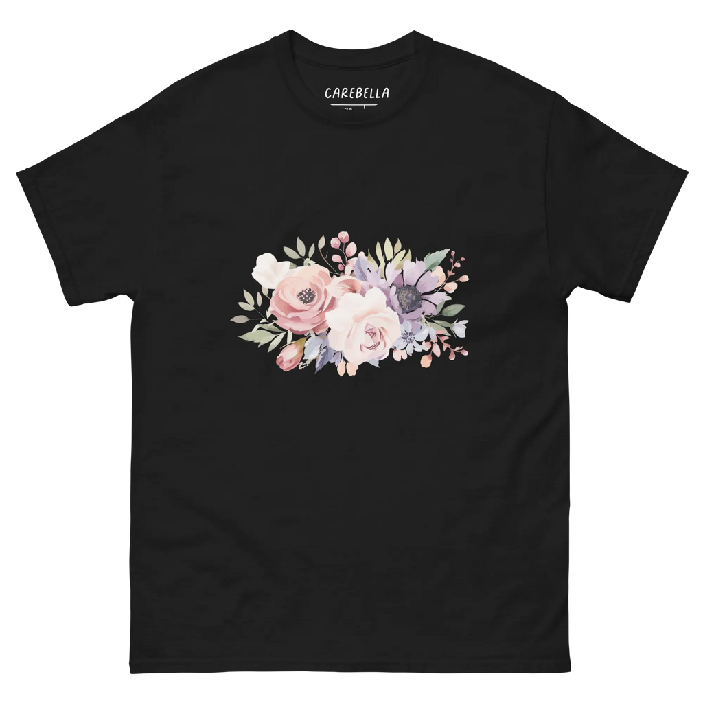 Country Chic | Flat lay of a floral t-shirt from our flower shirts collection | Black shirt