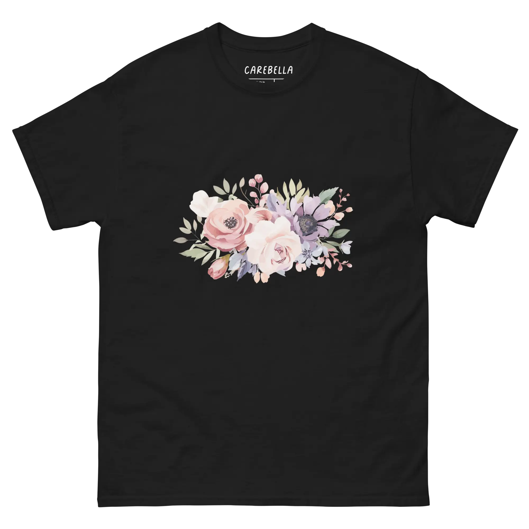 Country Chic | Flat lay of a floral t-shirt from our flower shirts collection | Black shirt