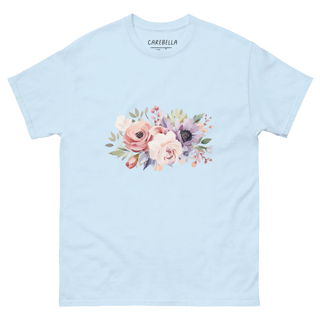 Country Chic | Flat lay of a floral t-shirt from our flower shirts collection | Light Blue shirt