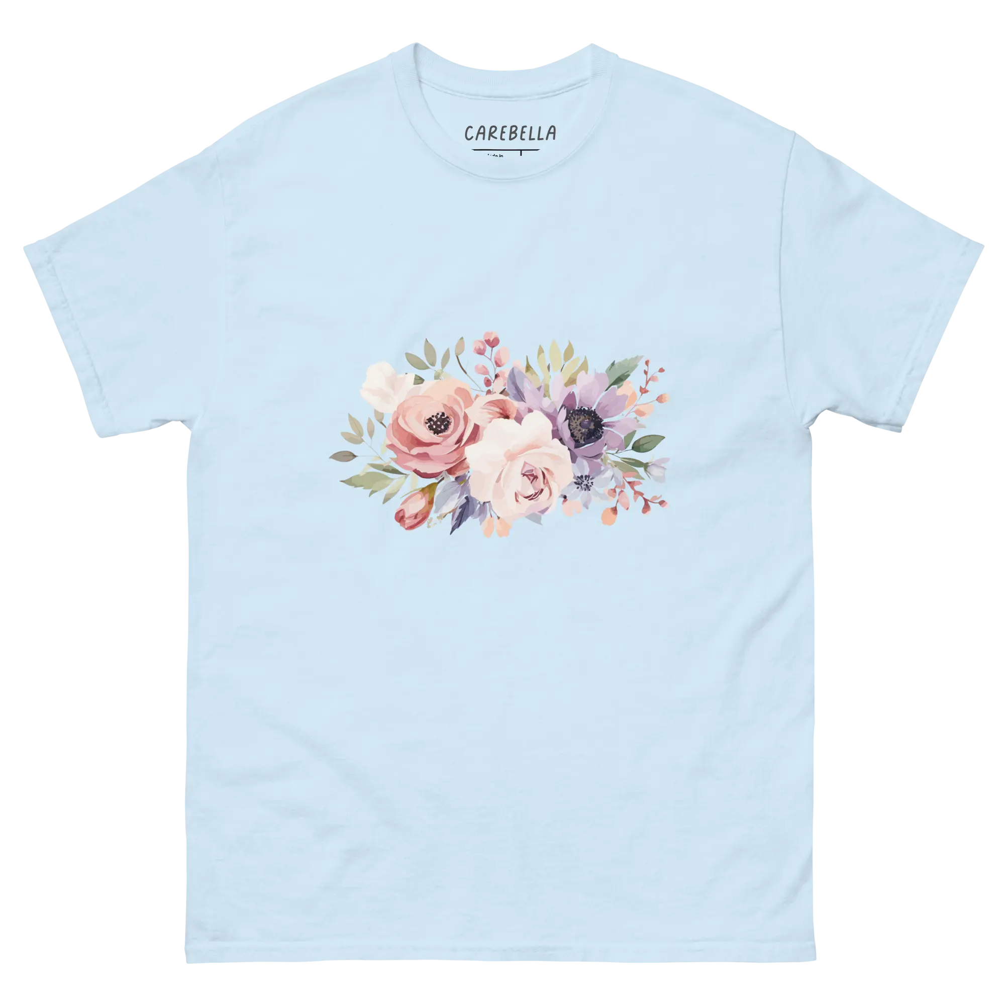 Country Chic | Flat lay of a floral t-shirt from our flower shirts collection | Light Blue shirt