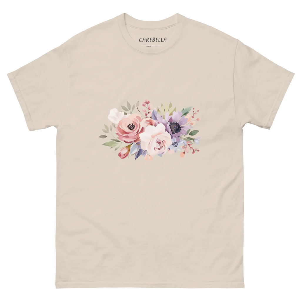 Country Chic | Flat lay of a floral t-shirt from our flower shirts collection | Natural shirt