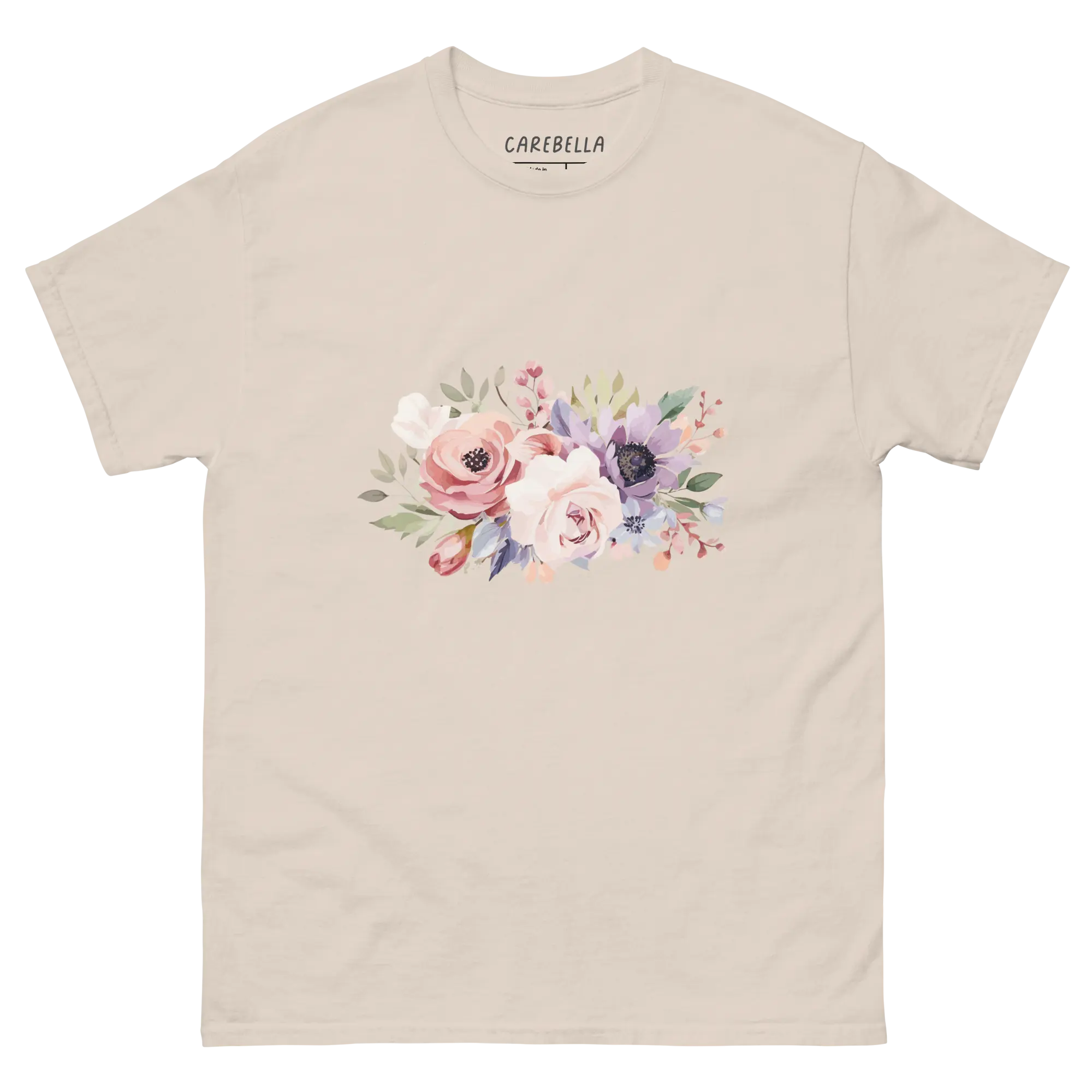 Country Chic | Flat lay of a floral t-shirt from our flower shirts collection | Natural shirt