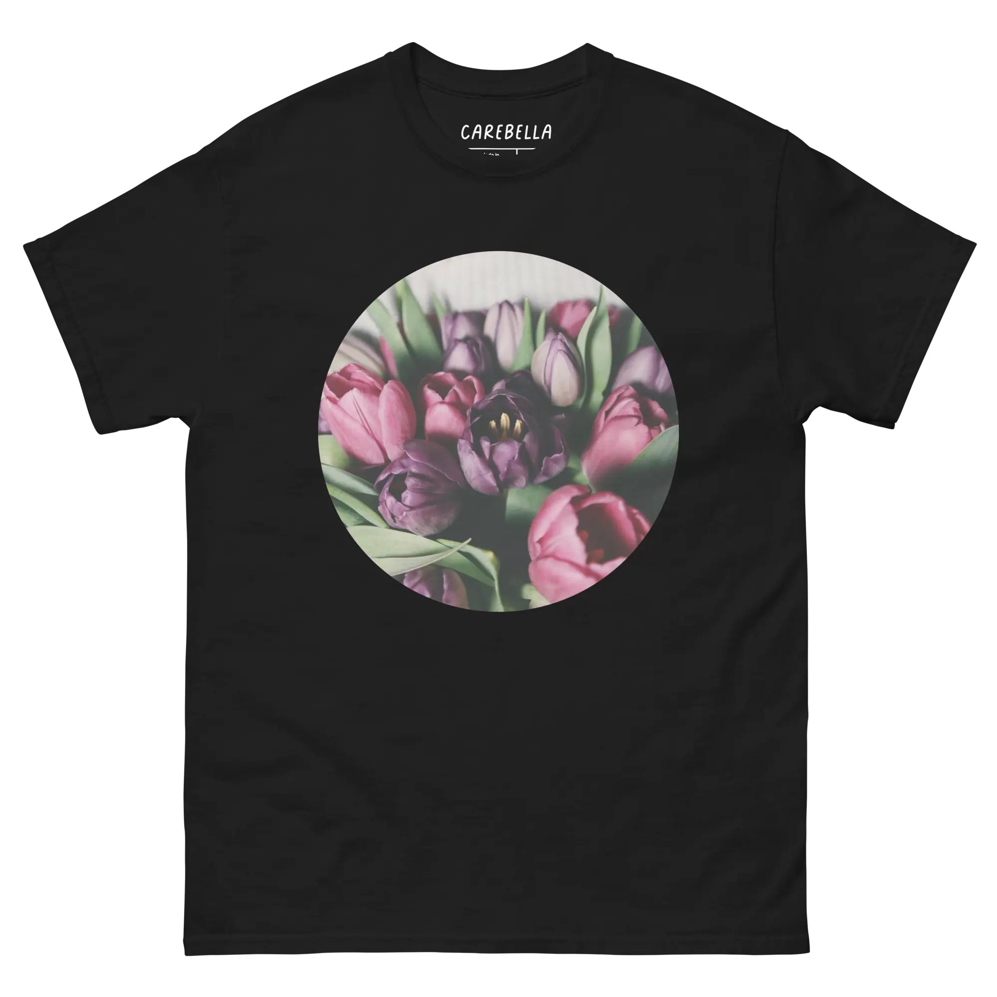 Deep Tulips | Flat lay of a floral t-shirt from our flower shirts collection | Black shirt