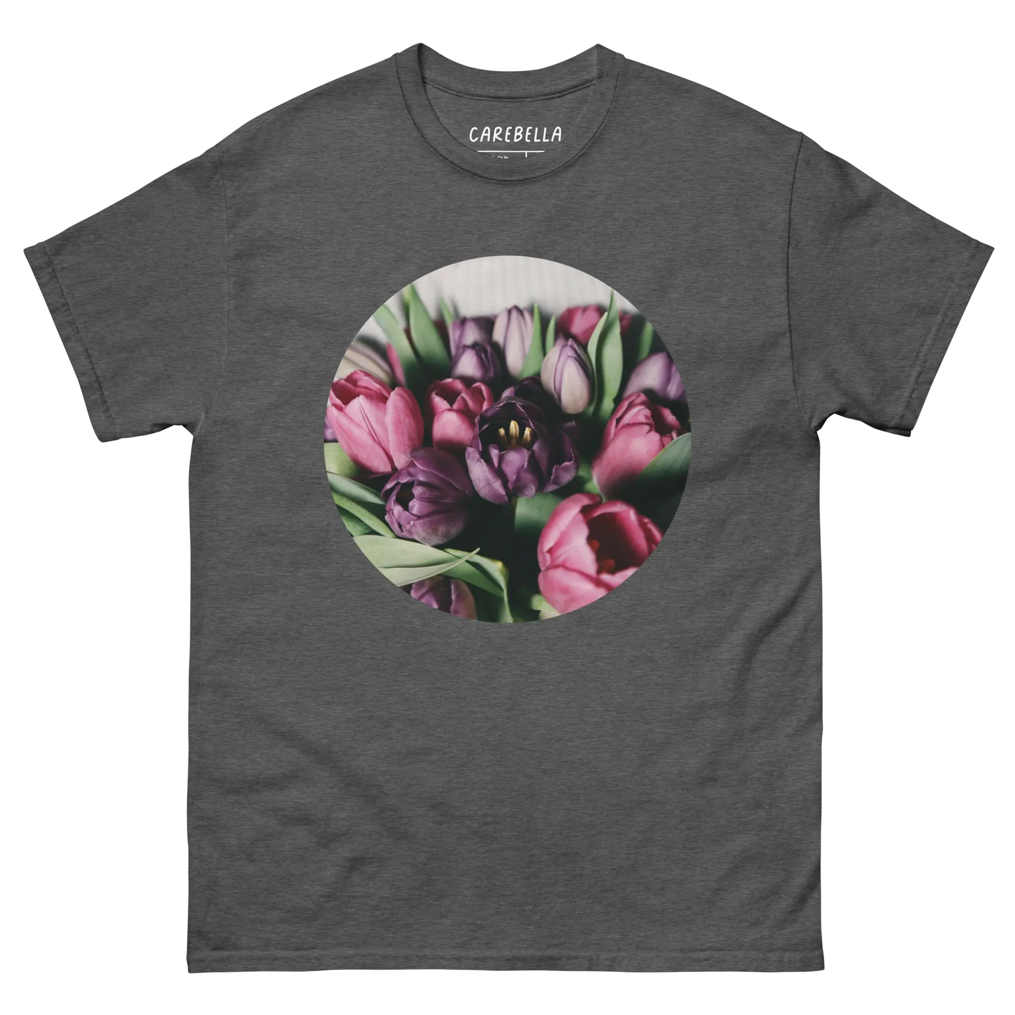 Deep Tulips | Flat lay of a floral t-shirt from our flower shirts collection | Gray shirt