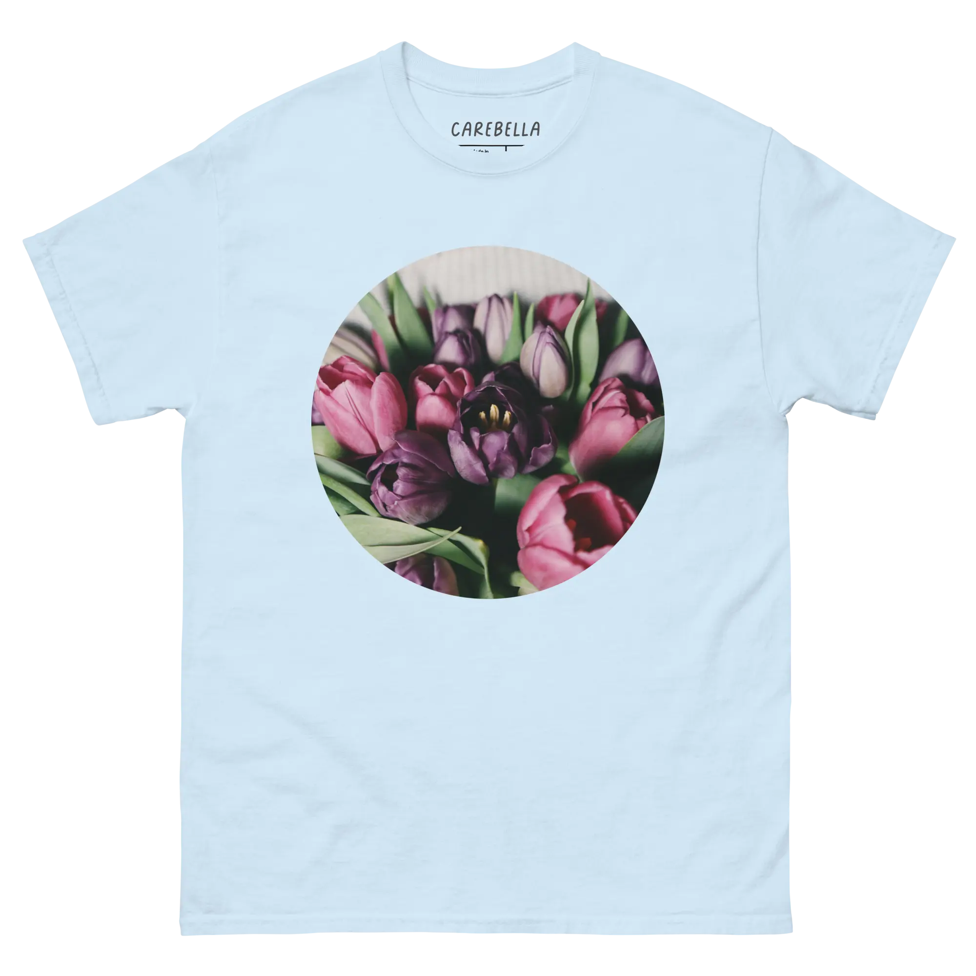 Deep Tulips | Flat lay of a floral t-shirt from our flower shirts collection | Light blue shirt