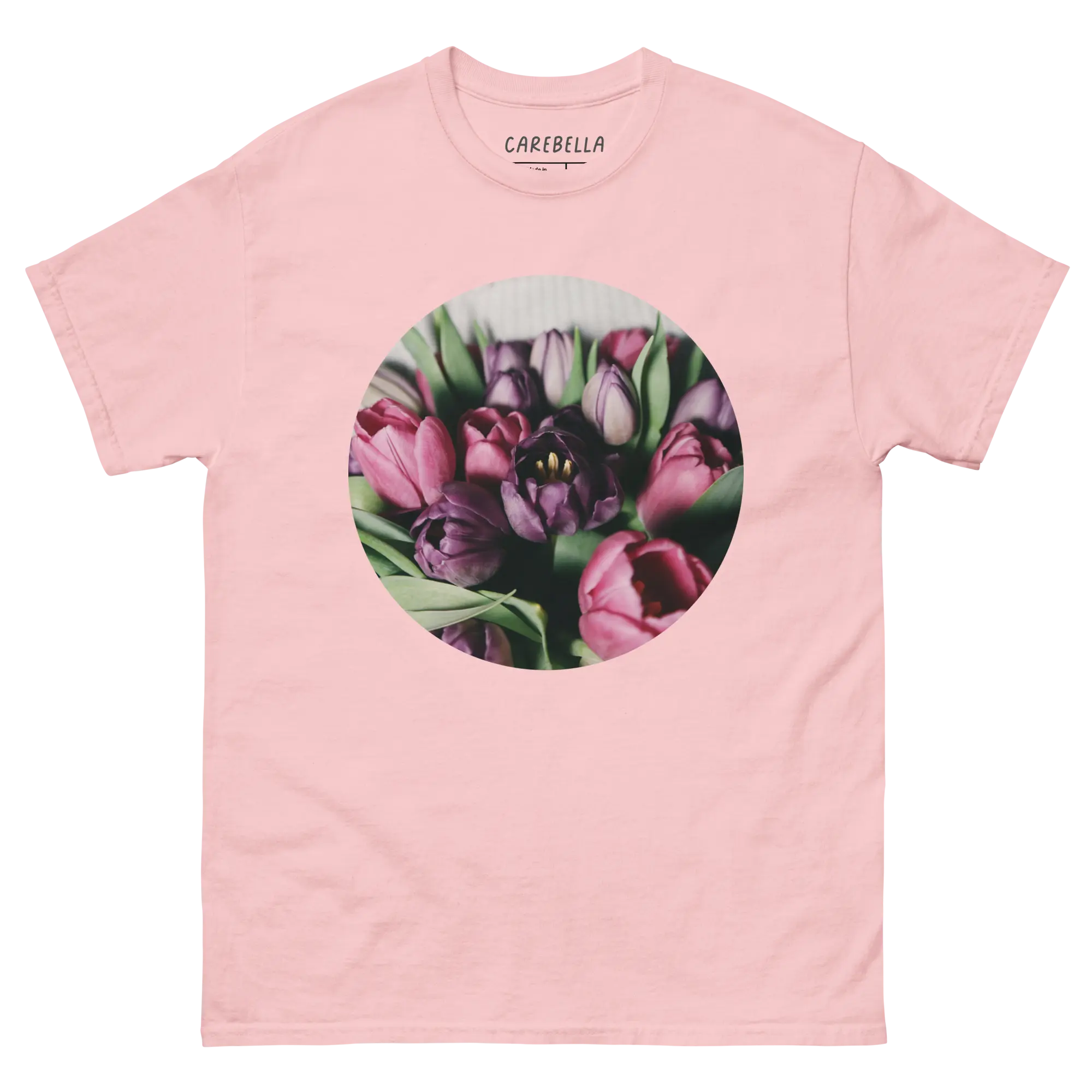 Deep Tulips | Flat lay of a floral t-shirt from our flower shirts collection | Light pink shirt