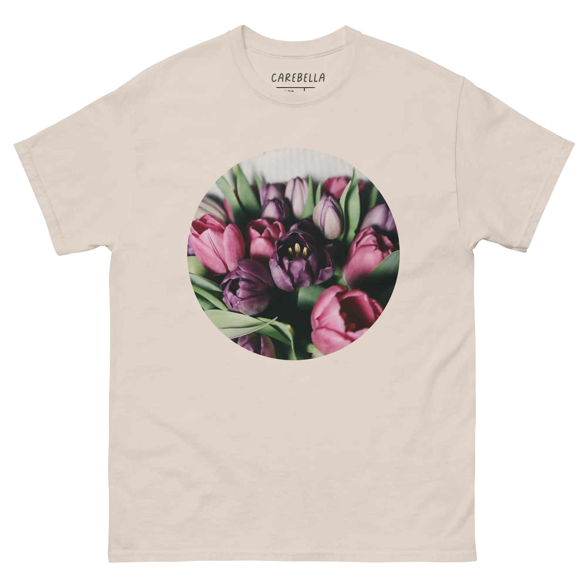Deep Tulips | Flat lay of a floral t-shirt from our flower shirts collection | Natural shirt
