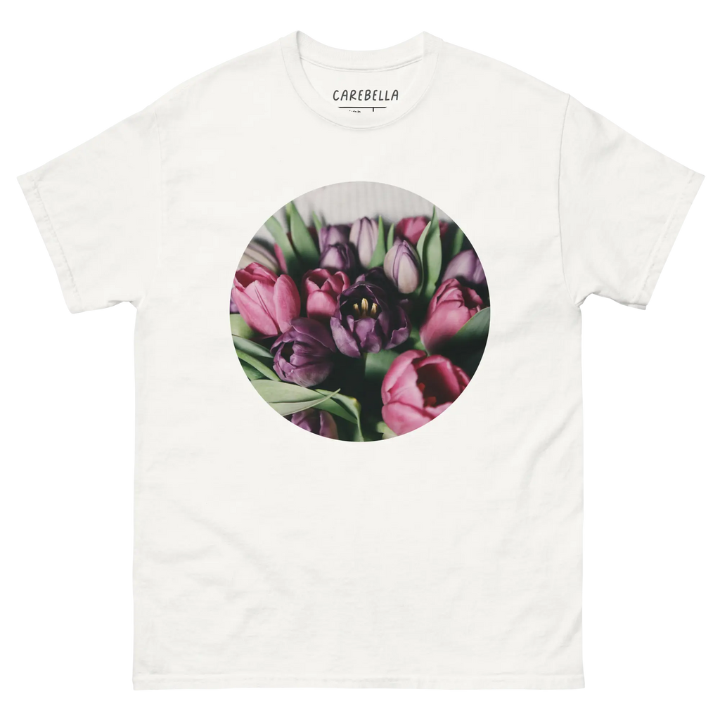 Deep Tulips | Flat lay of a floral t-shirt from our flower shirts collection | White shirt