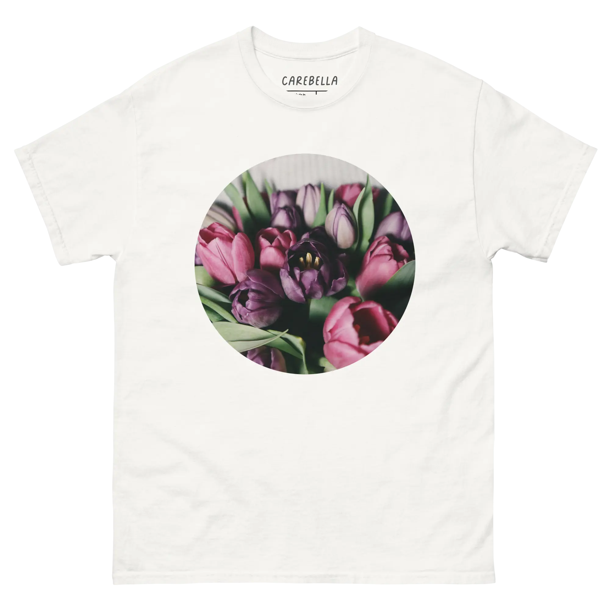 Deep Tulips | Flat lay of a floral t-shirt from our flower shirts collection | White shirt