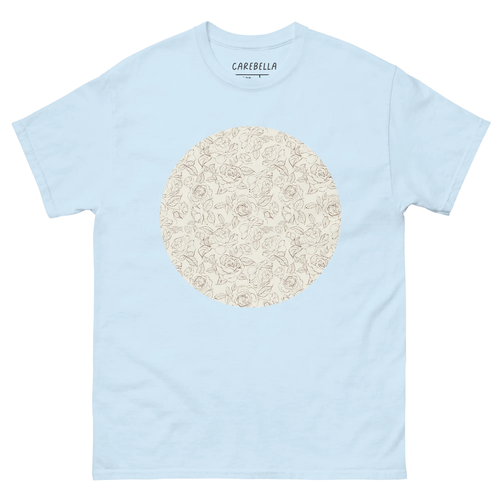 Gardenlane | Flat lay of a floral t-shirt from our flower shirts collection | Light blue shirt