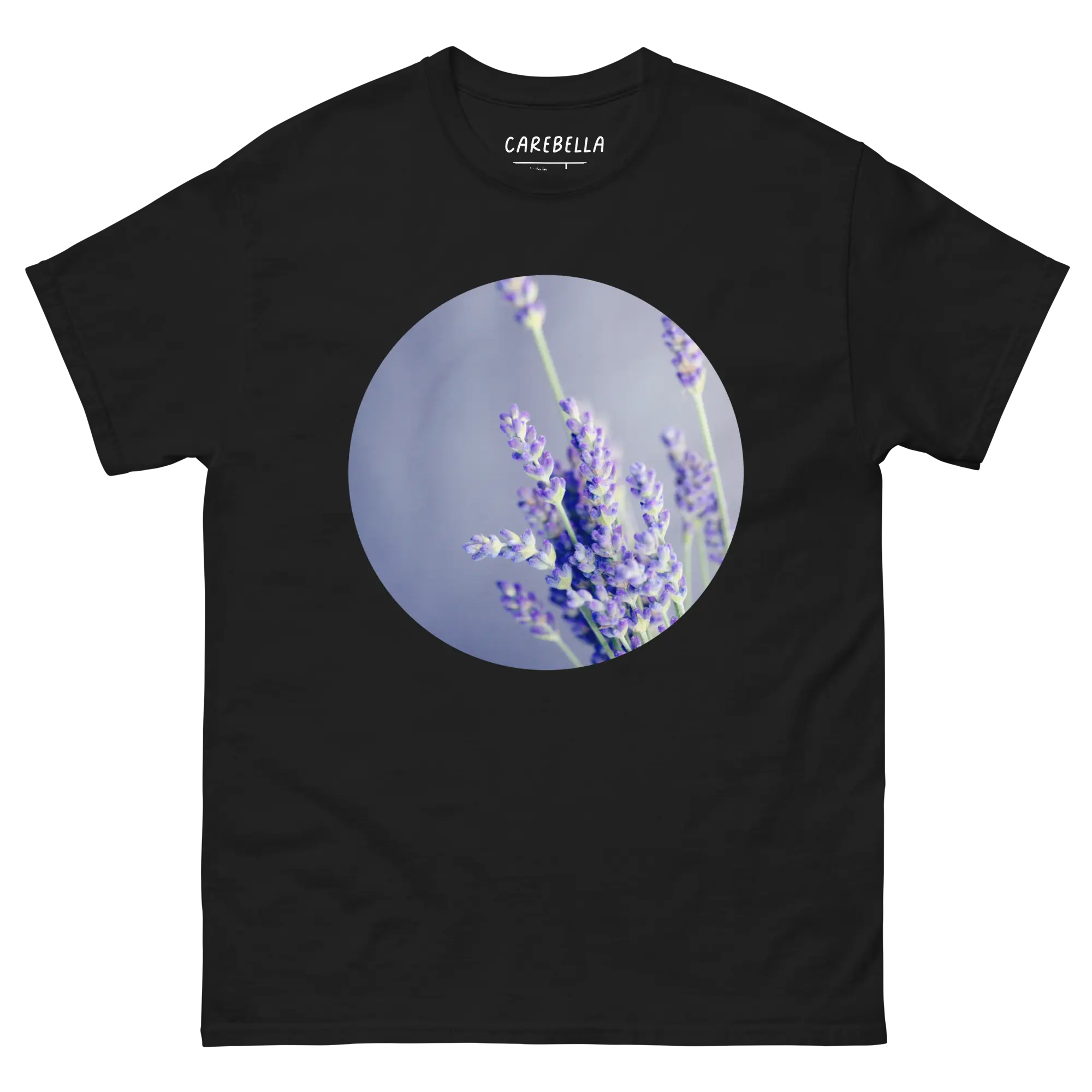 Lavender Field | Flat lay of a floral t-shirt from our flower shirts collection | Black shirt