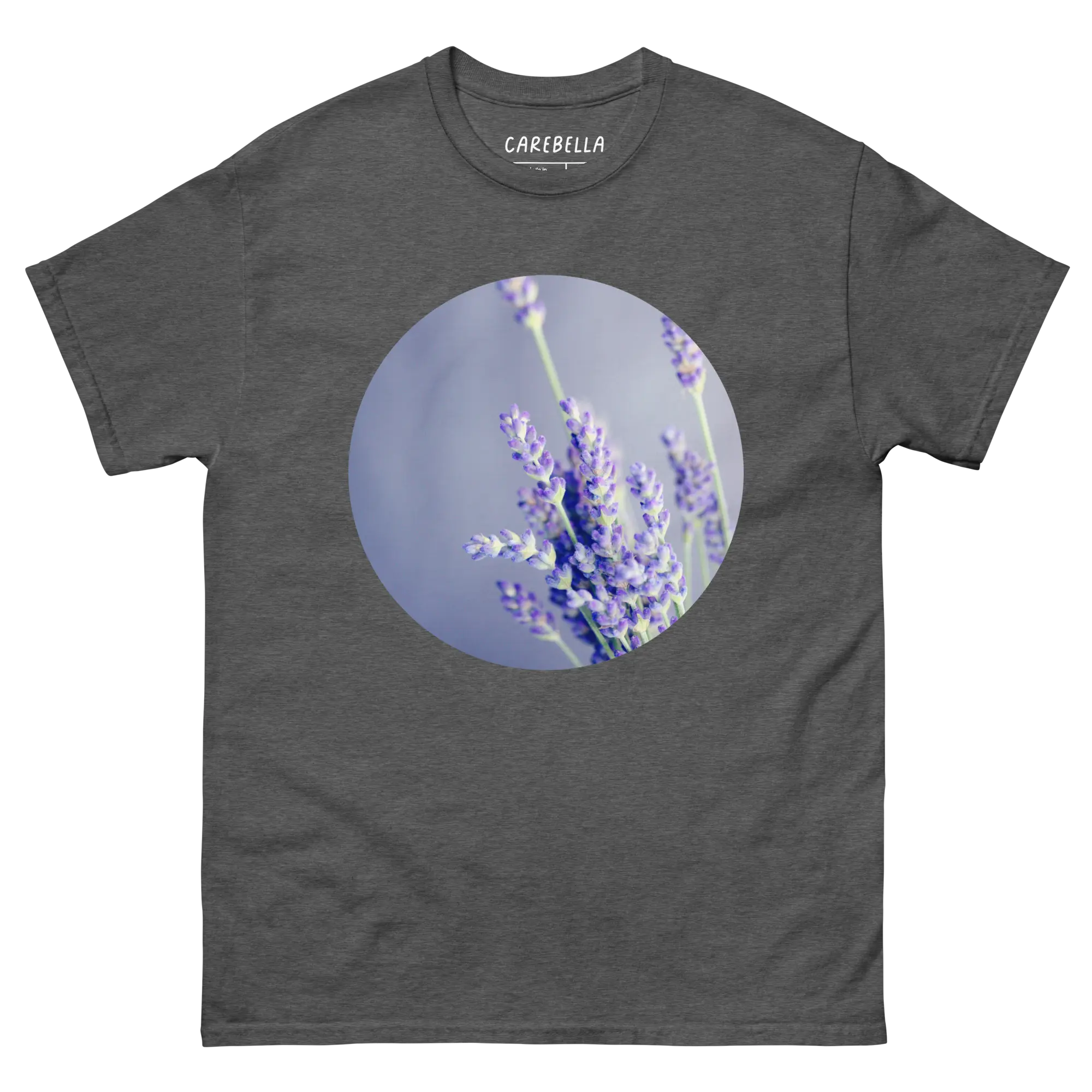 Lavender Field | Flat lay of a floral t-shirt from our flower shirts collection | Gray shirt