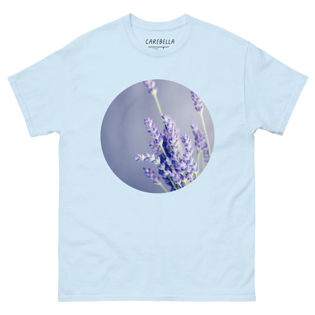 Lavender Field | Flat lay of a floral t-shirt from our flower shirts collection | Light blue shirt