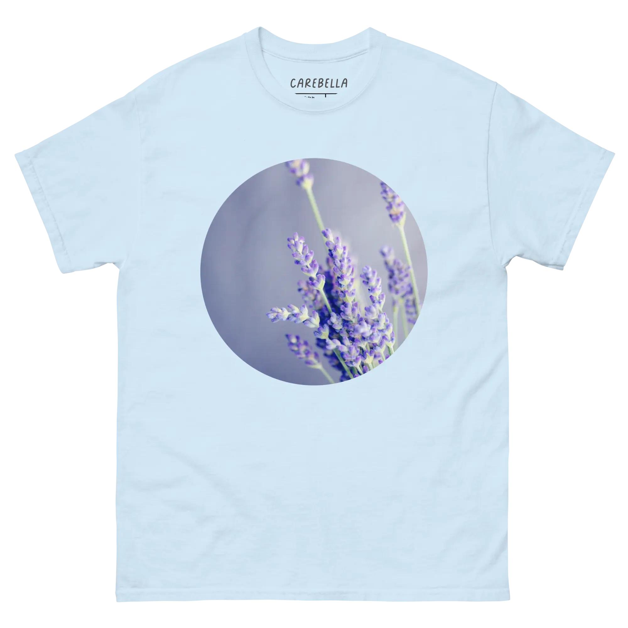 Lavender Field | Flat lay of a floral t-shirt from our flower shirts collection | Light blue shirt