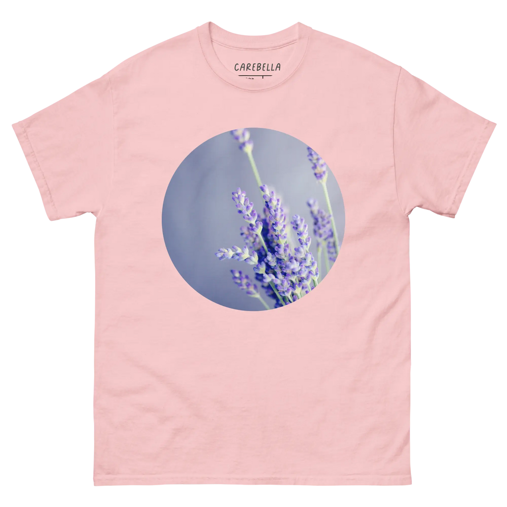 Lavender Field | Flat lay of a floral t-shirt from our flower shirts collection | Light pink shirt