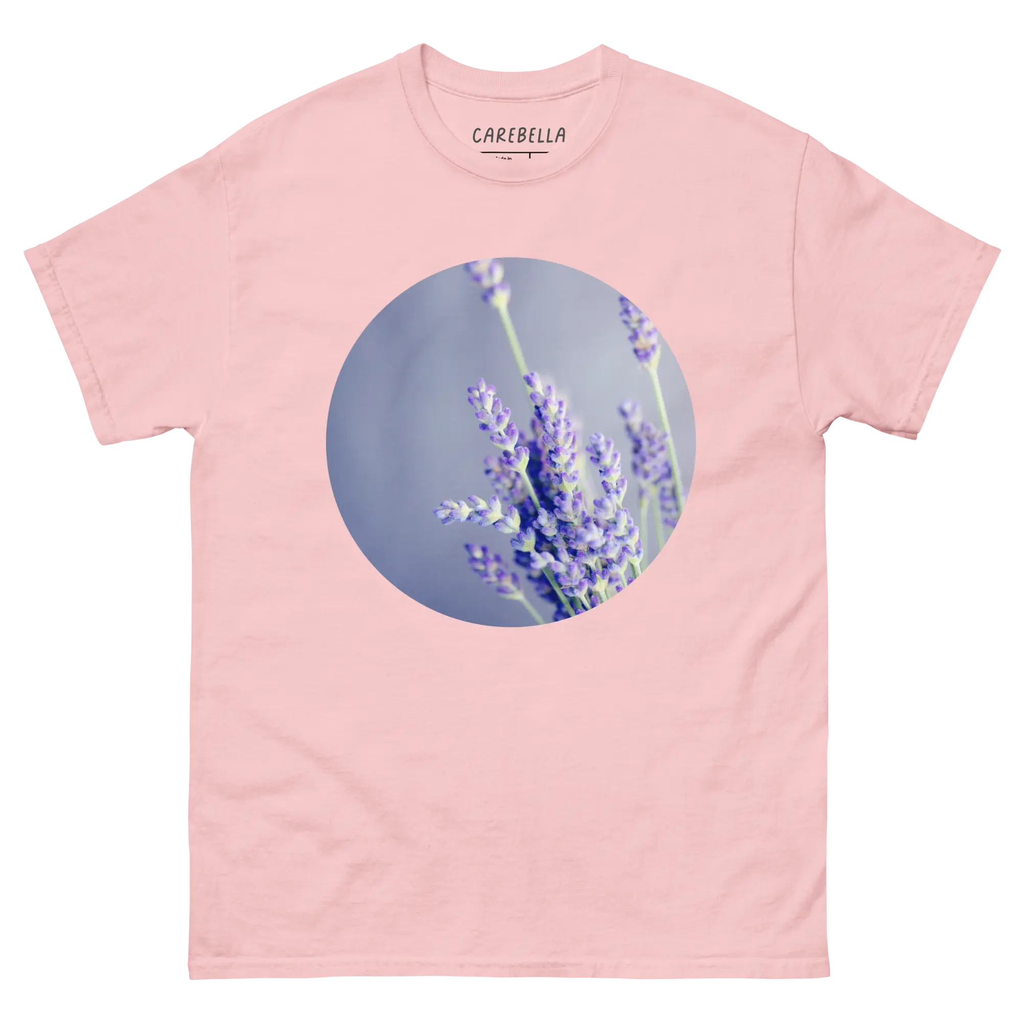 Lavender Field | Flat lay of a floral t-shirt from our flower shirts collection | Light pink shirt