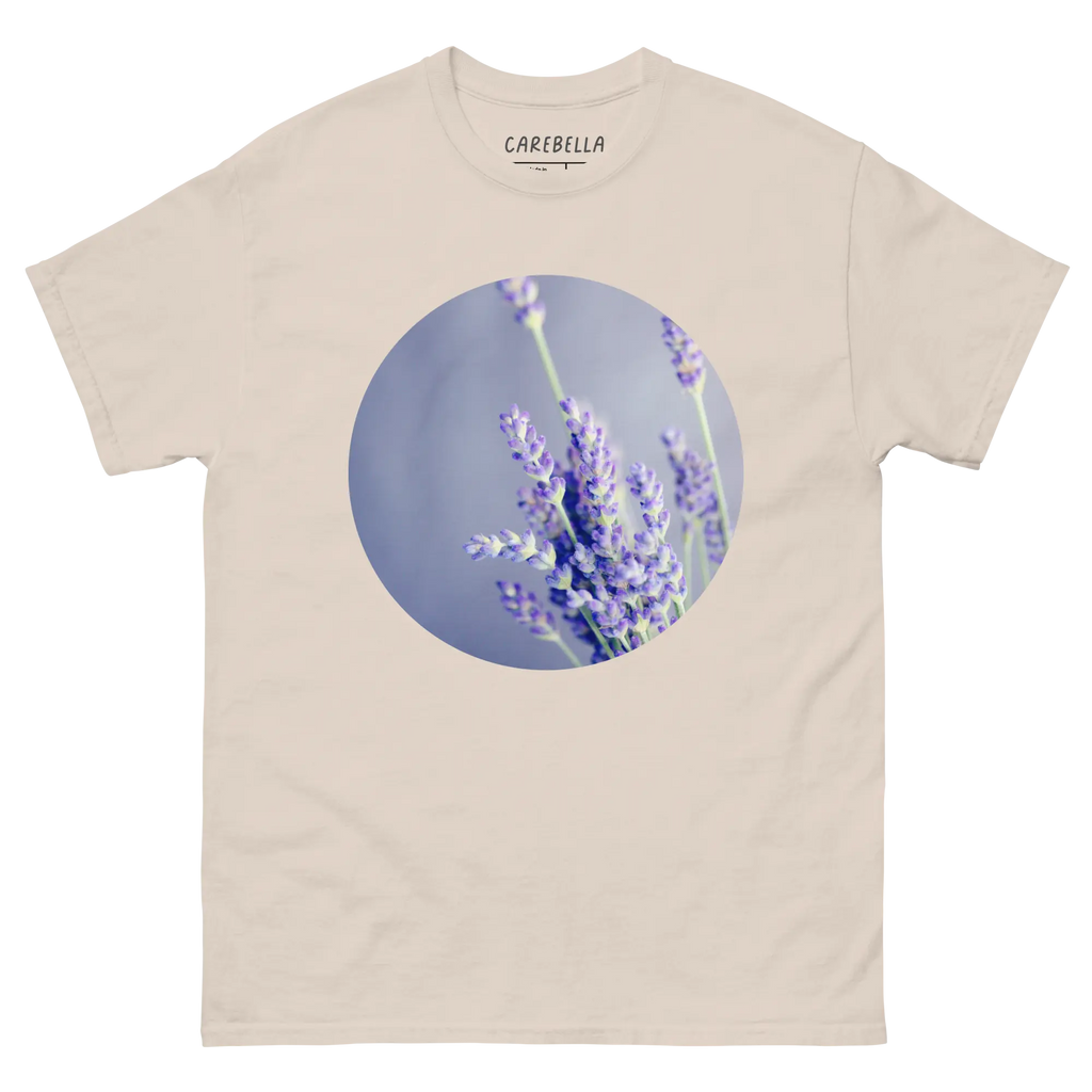 Lavender Field | Flat lay of a floral t-shirt from our flower shirts collection | Natural shirt